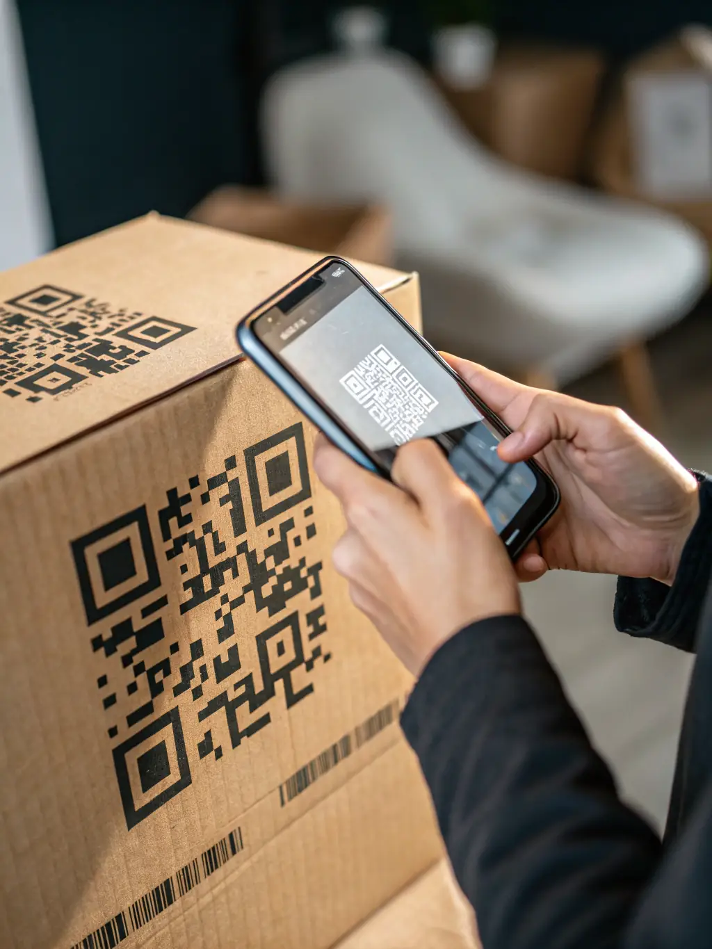 A close-up of a package being scanned with a handheld device, emphasizing the advanced tracking technology used by On My Way Courier Service.