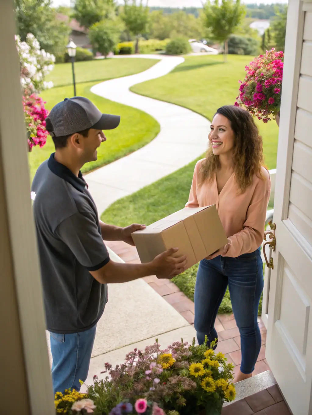 A friendly courier handing a package to a smiling customer, highlighting the customer-centric approach of On My Way Courier Service.