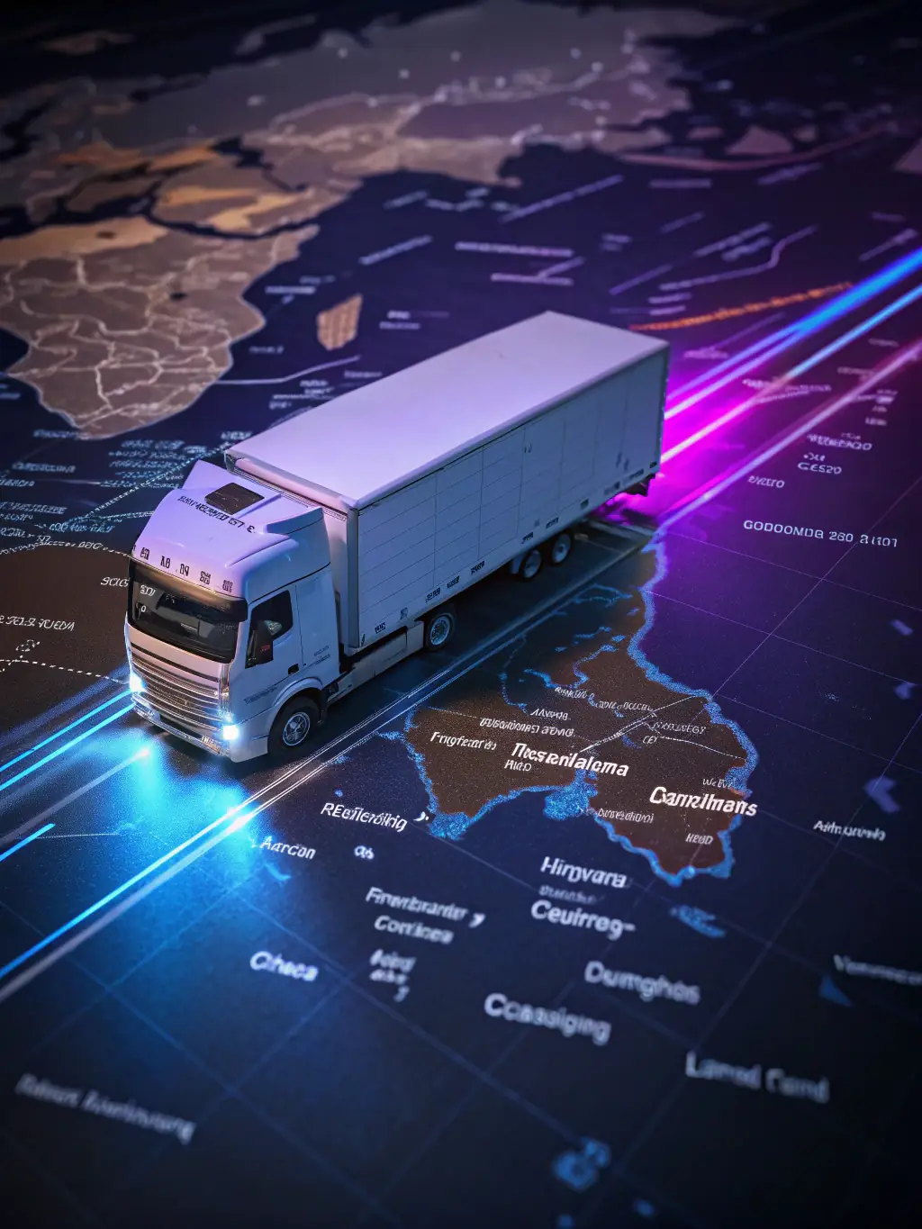 A courier truck on a highway with a map overlay indicating nationwide coverage, representing On My Way Courier Service's national delivery network.