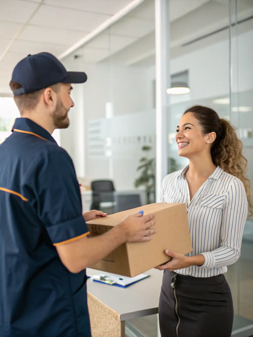 A high-quality photo of a courier delivering a package to a business office in a busy downtown area, showcasing the speed and efficiency of same-day delivery.