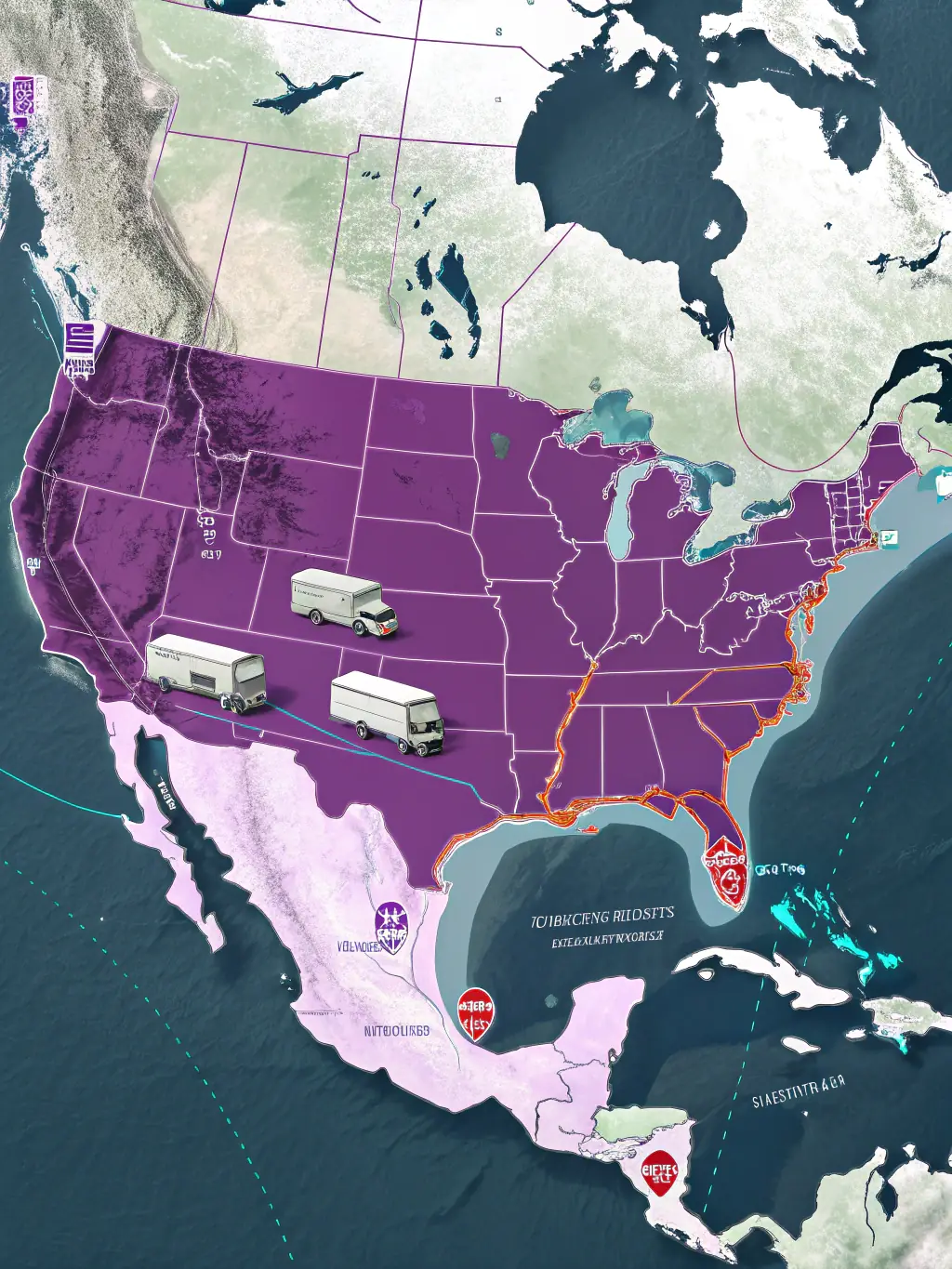 A map of the United States with pins indicating major cities, representing On My Way Courier Service LLC's national delivery network.