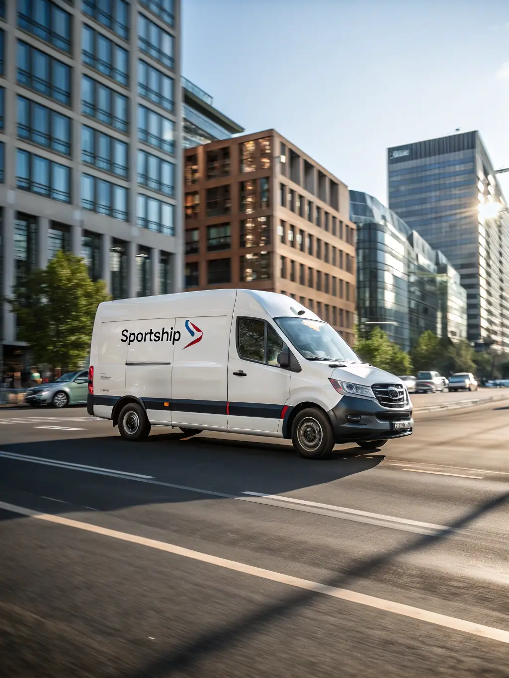 A courier van speeding through city streets, showcasing On My Way Courier Service LLC's local delivery service.