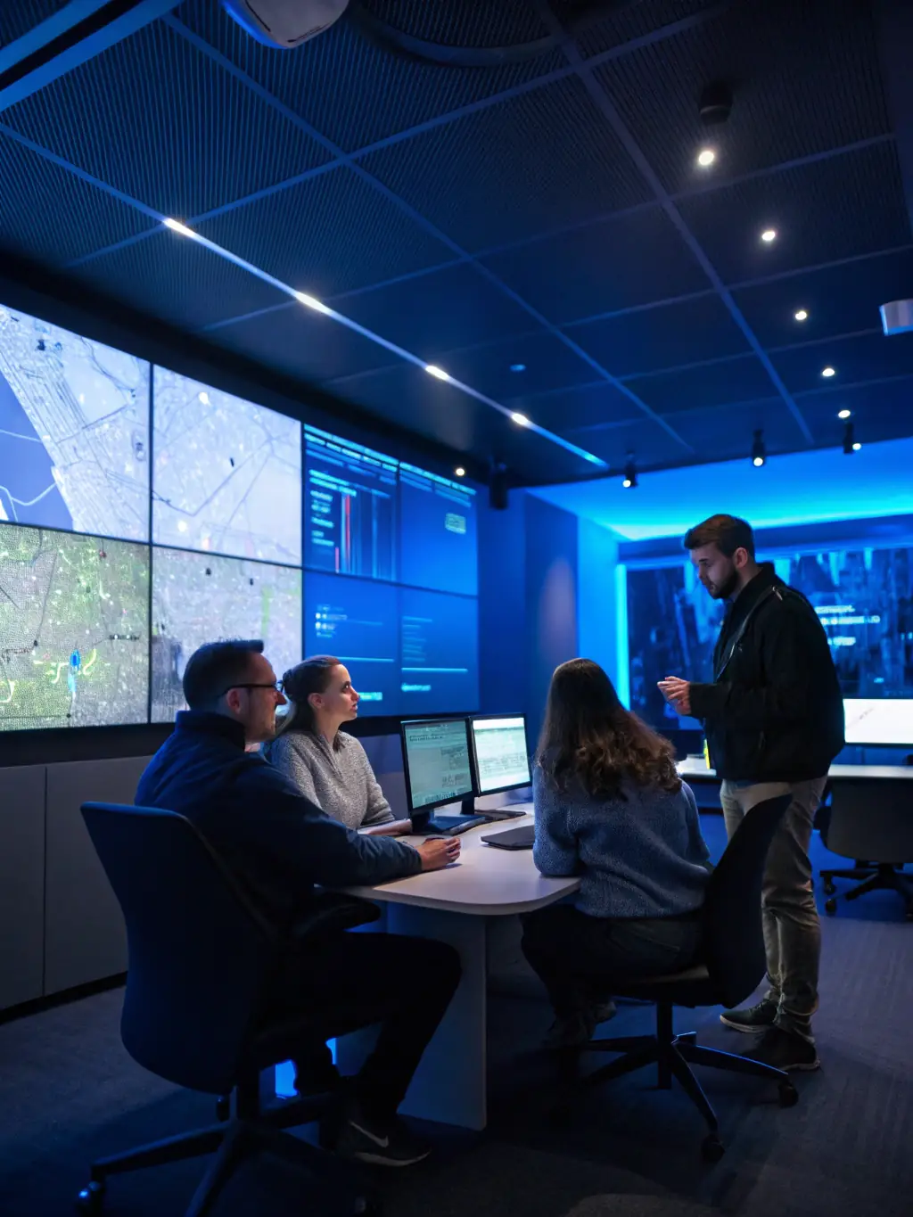 A diverse team of On My Way Courier Service LLC employees working together in a dispatch center, emphasizing their commitment to customer service.