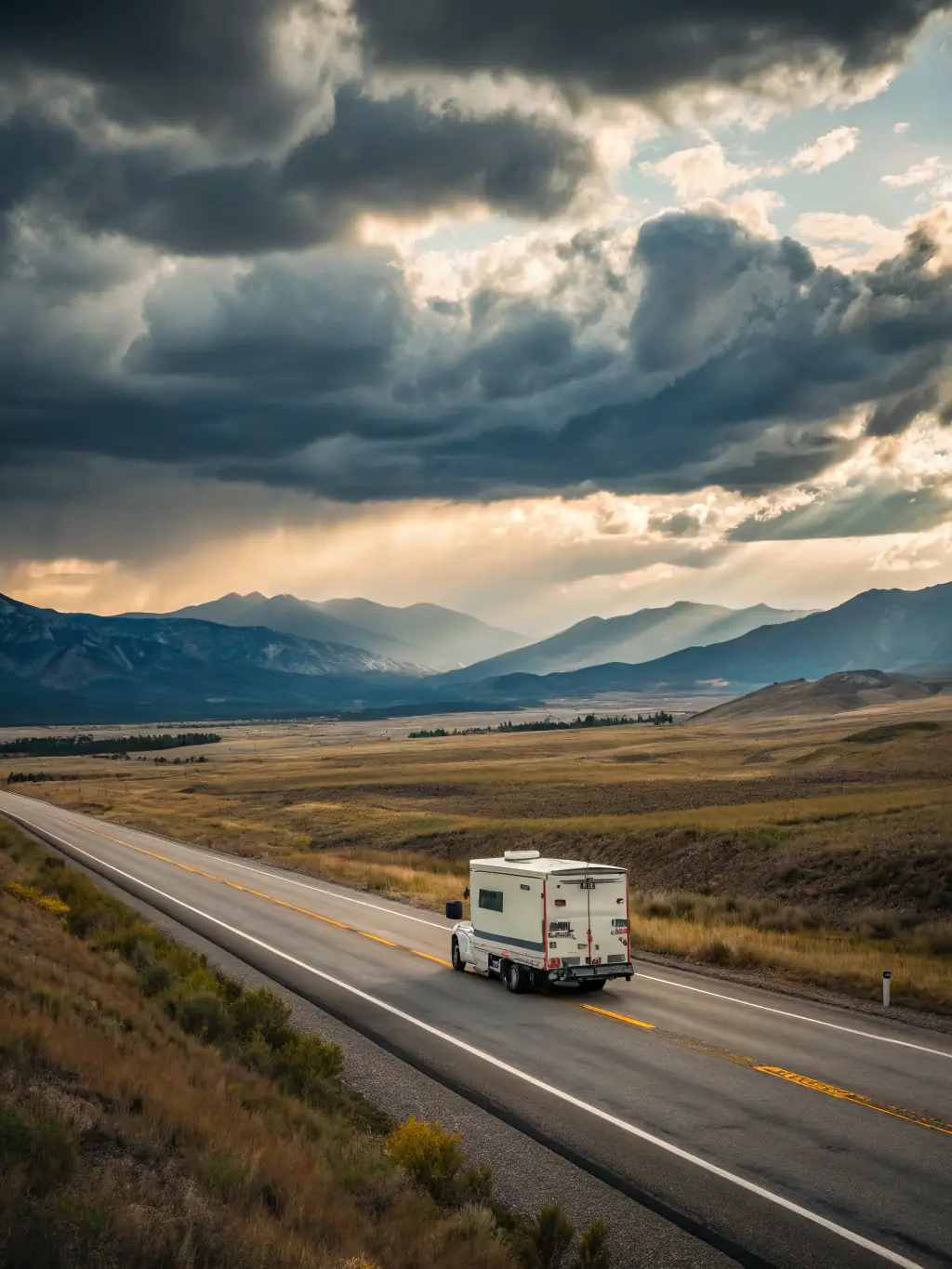 A courier truck on a highway with a city skyline in the background, symbolizing On My Way Courier Service LLC's long-distance transport capabilities.