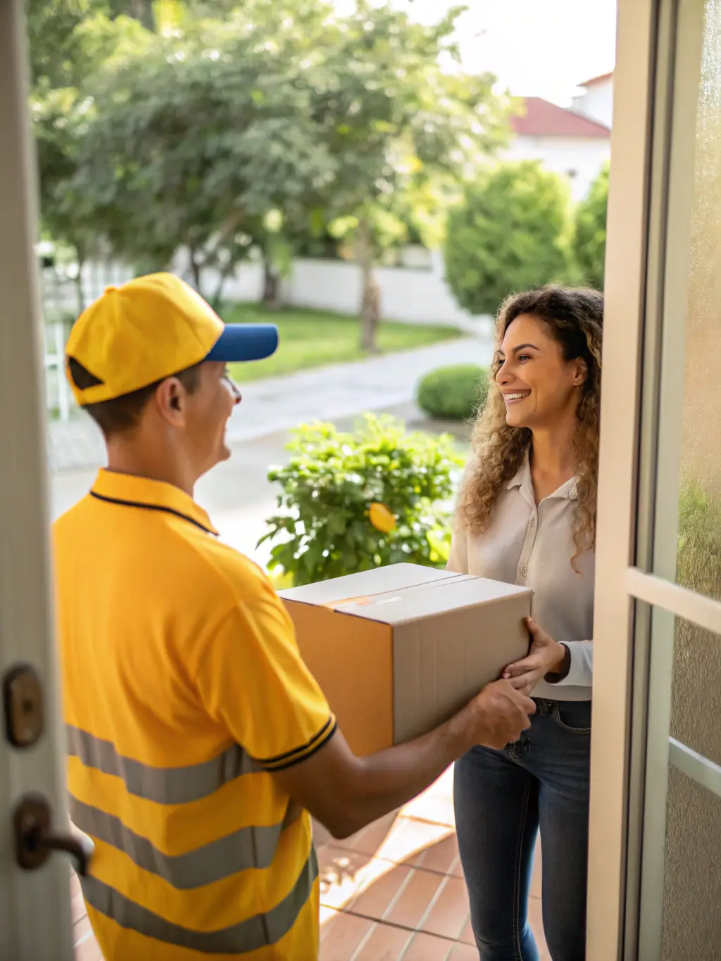 A courier handing over a package to a customer at their doorstep in a residential neighborhood, illustrating On My Way Courier Service LLC's local delivery service.
