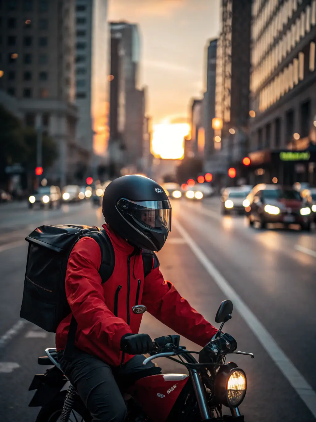 A courier rider delivering a package swiftly through city streets during daytime, showcasing the speed of On My Way Courier Service LLC's same-day delivery.