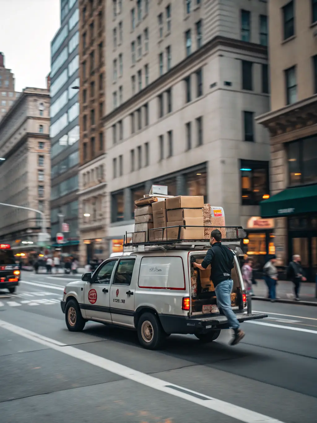 A professional image of a courier van navigating city streets, emphasizing the local delivery service's coverage and reliability within the metropolitan area.